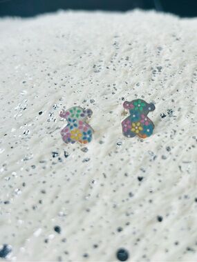 Sterling silver 925 Multi-Color Floral Bear Stud Earrings